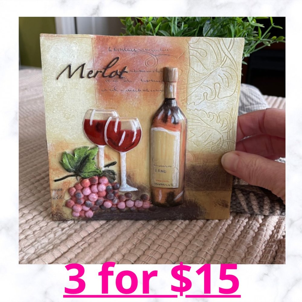 3/$15 Square Ceramic Wall Accent Plaque Wine Theme